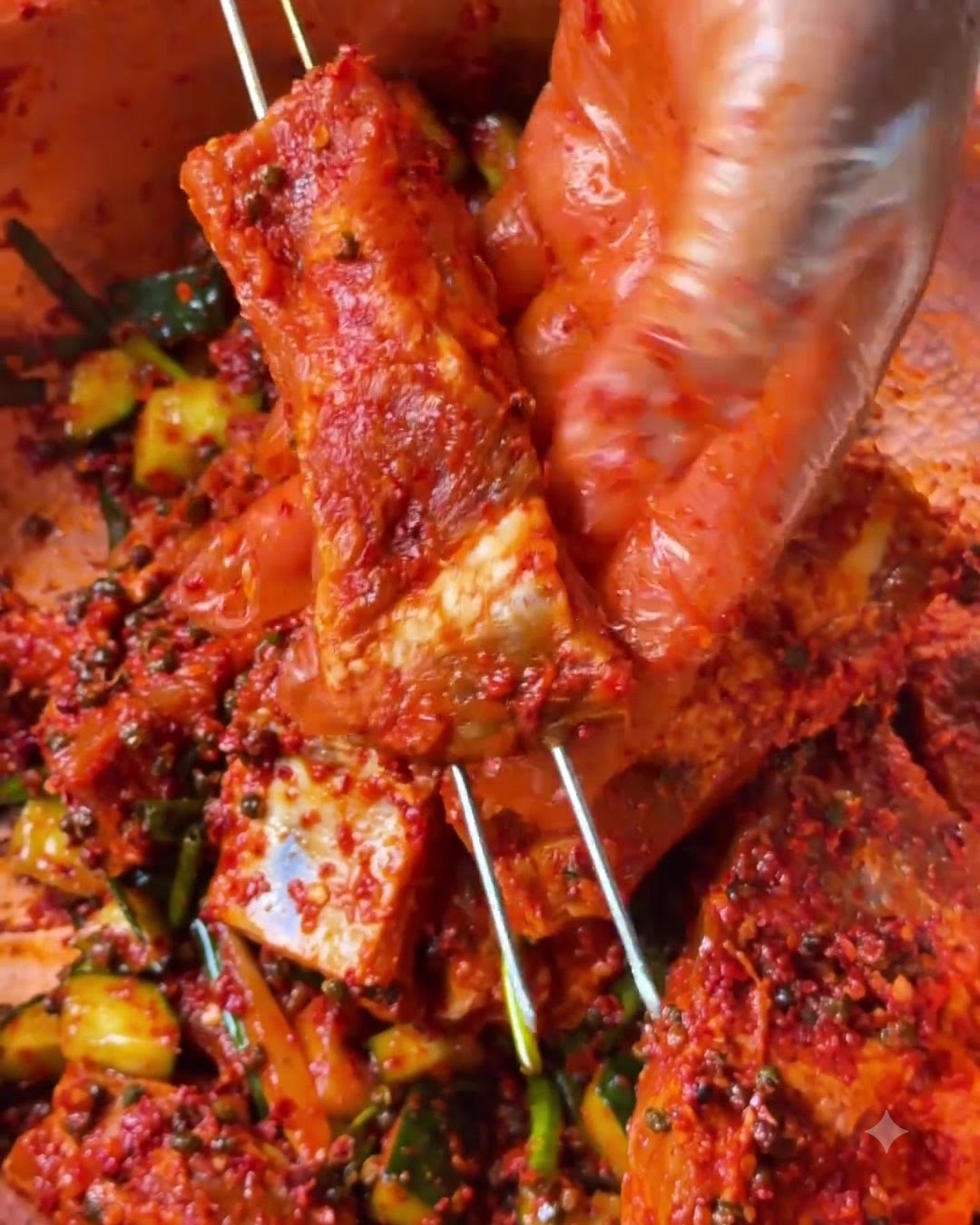 A close-up view of skewered pork ribs being positioned on a grill.