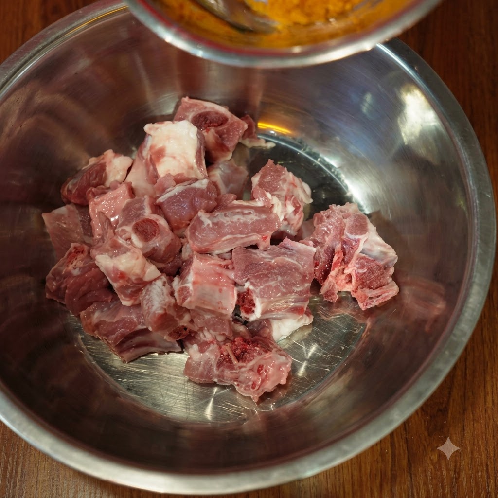 Turmeric and spices being poured from a small bowl over raw pork rib pieces in a mixing bowl.