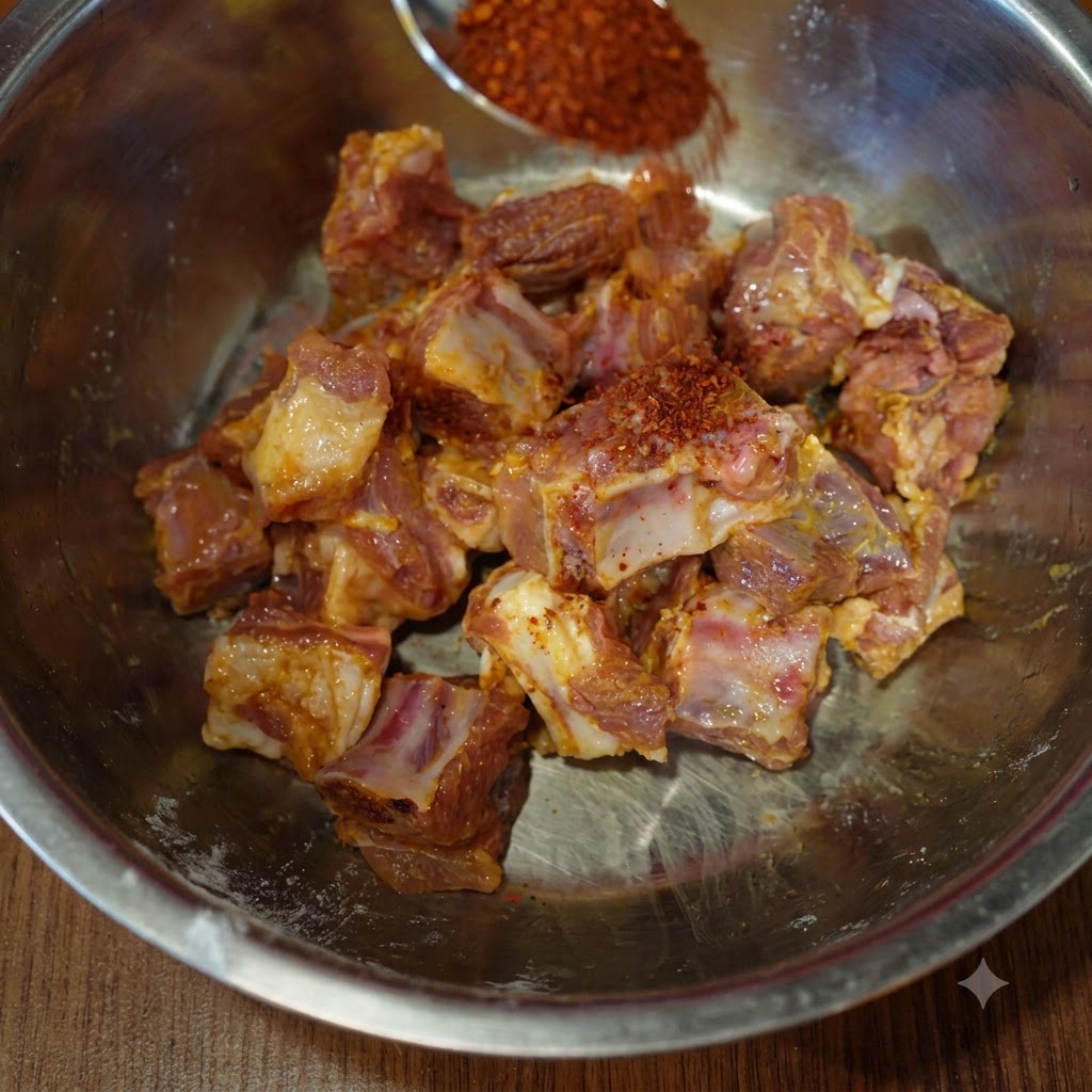 Chili flakes being spooned over seasoned pork rib chunks inside a steel mixing bowl.