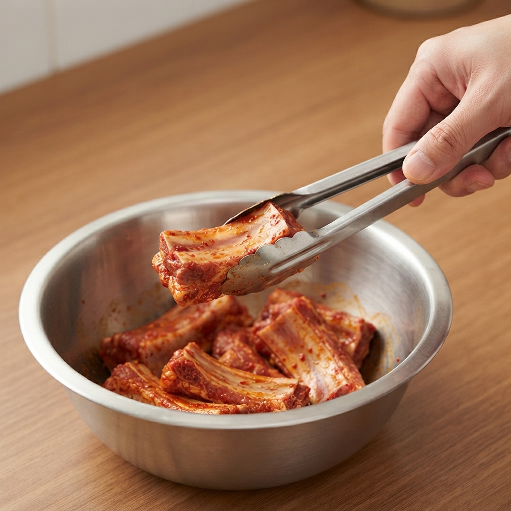 Metal tongs picking up a marinated pork rib piece near a bowl filled with skewering ingredients.