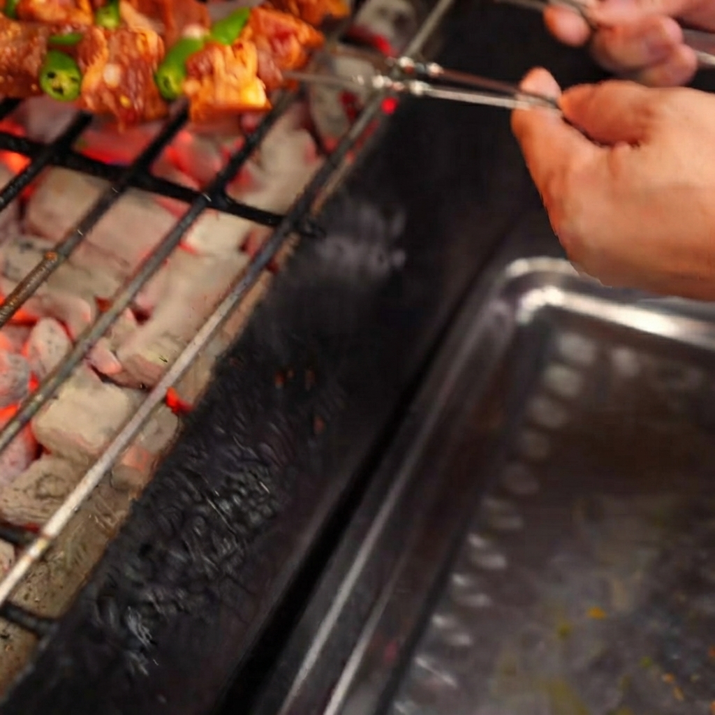 Hands placing meat and green pepper skewers onto a black charcoal grill grate.