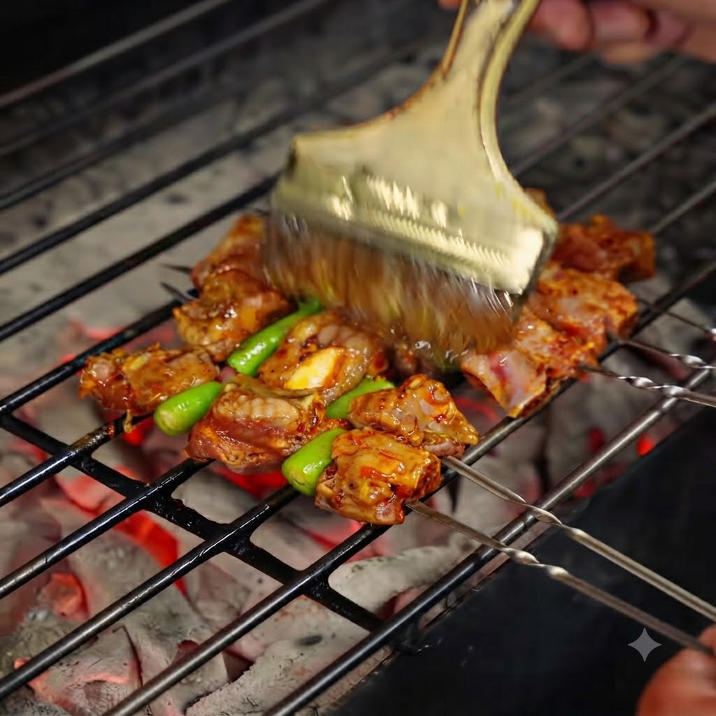 A wide brush applying oil onto skewered meat and peppers cooking over a charcoal grill.