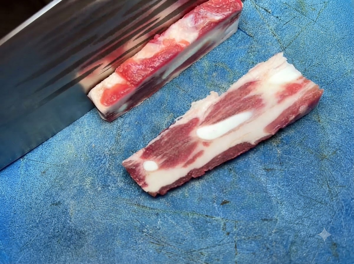 A sharp knife cutting raw pork rib meat into small pieces on a blue cutting board.