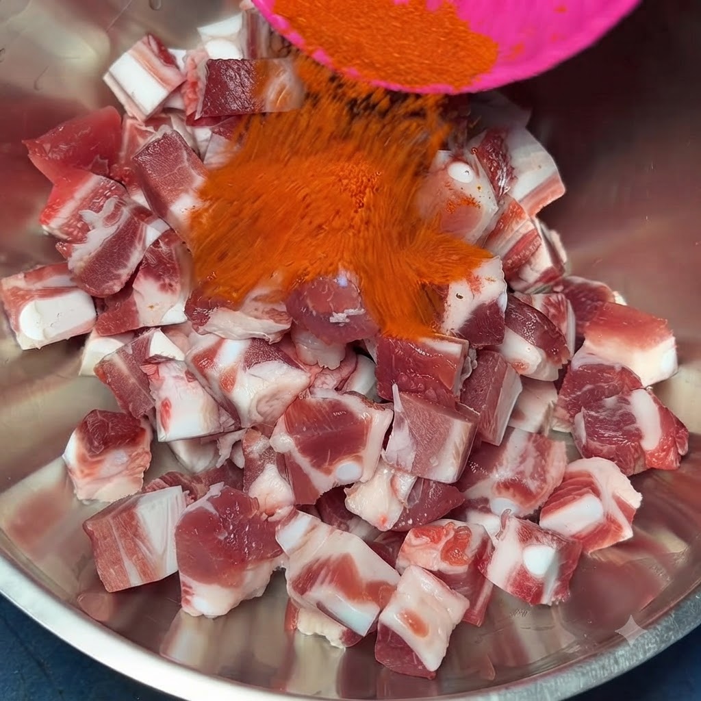 Red chili powder being poured from a pink spoon into a metal mixing bowl filled with cubed pork rib meat.