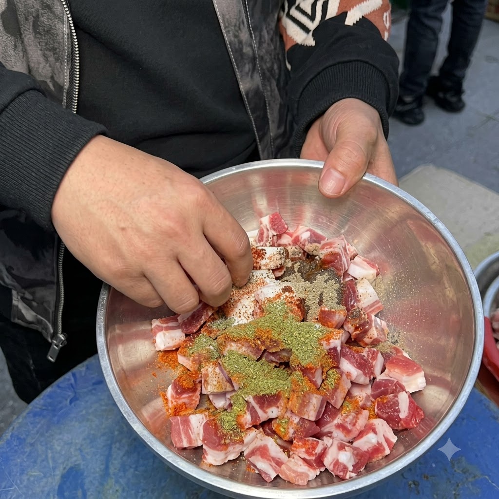 A person wearing a jacket and a glove mixing seasoned pork cubes inside a stainless steel bowl.