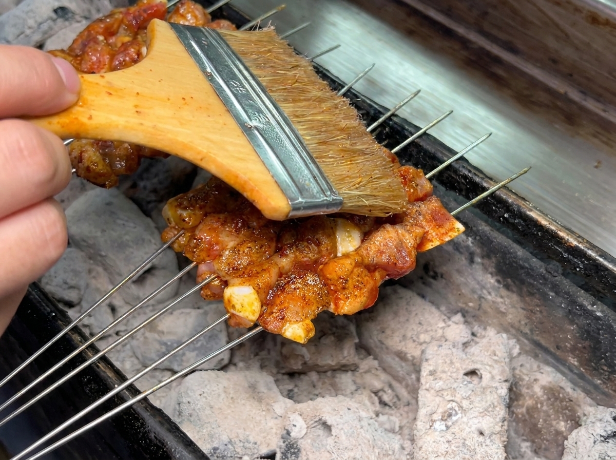 A wooden brush applying oil onto seasoned pork skewers cooking over hot charcoal.