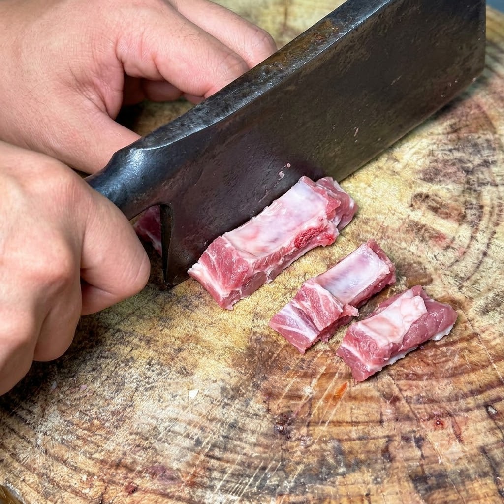 Pork ribs being chopped into small bite-sized pieces with a heavy cleaver on a wooden board.