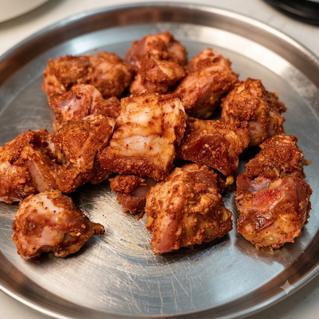 Hands rubbing and coating pork ribs thoroughly with spices in a stainless steel bowl.