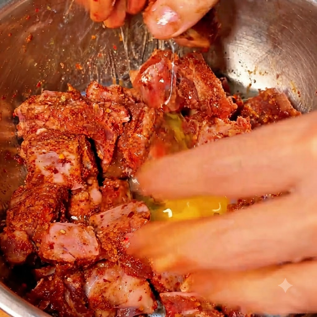 A cracked egg blending into the spiced pork ribs inside a metal bowl.