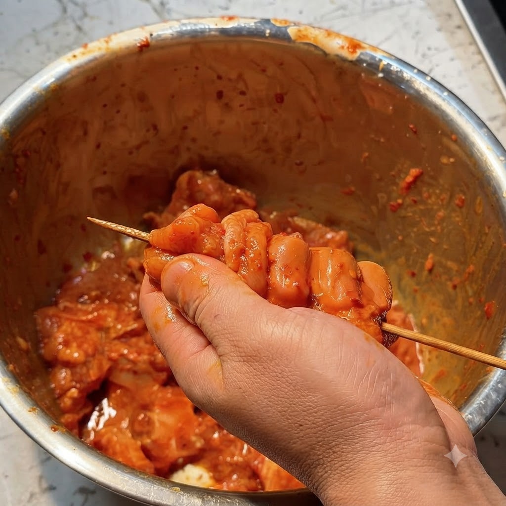 Marinated pork rib pieces being carefully threaded onto wooden skewers one by one.