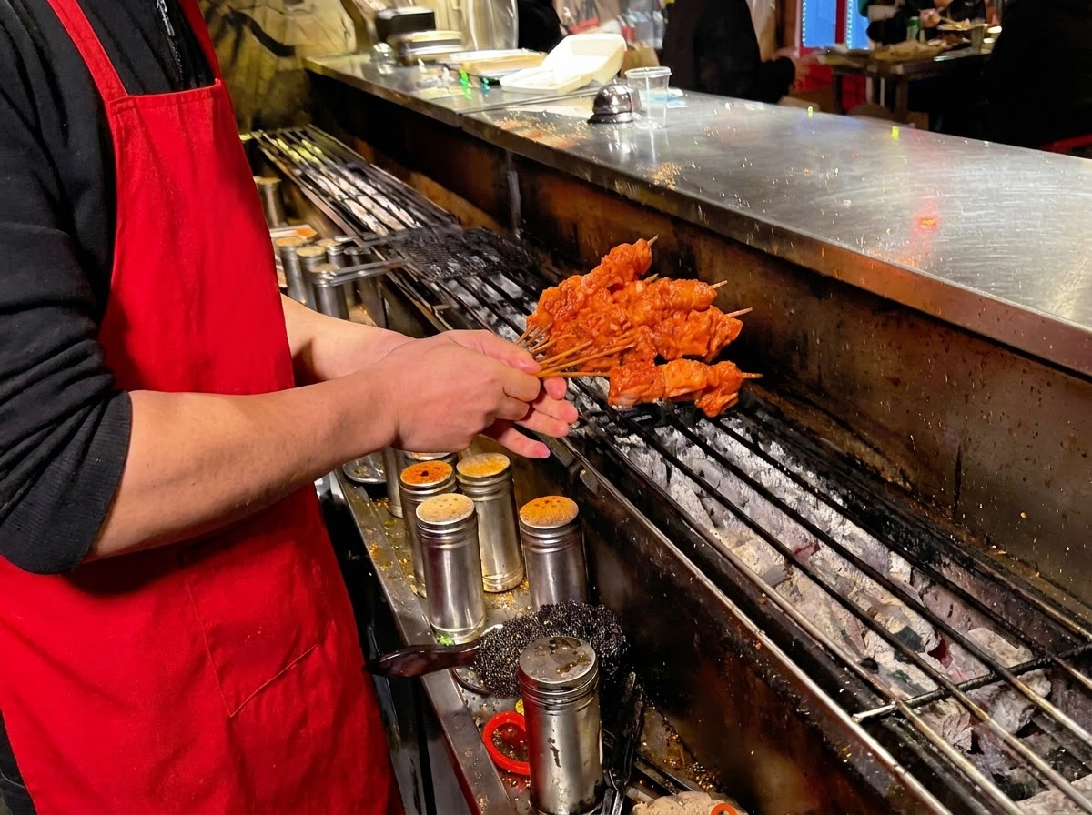 A person wearing a red apron placing skewered pork ribs onto a lit charcoal grill.