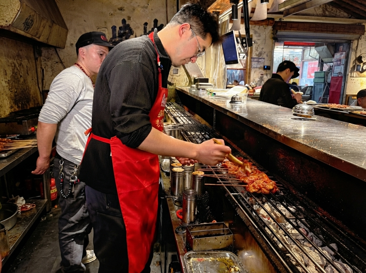 Oil being brushed onto the grilling pork ribs skewered over a hot charcoal grill.