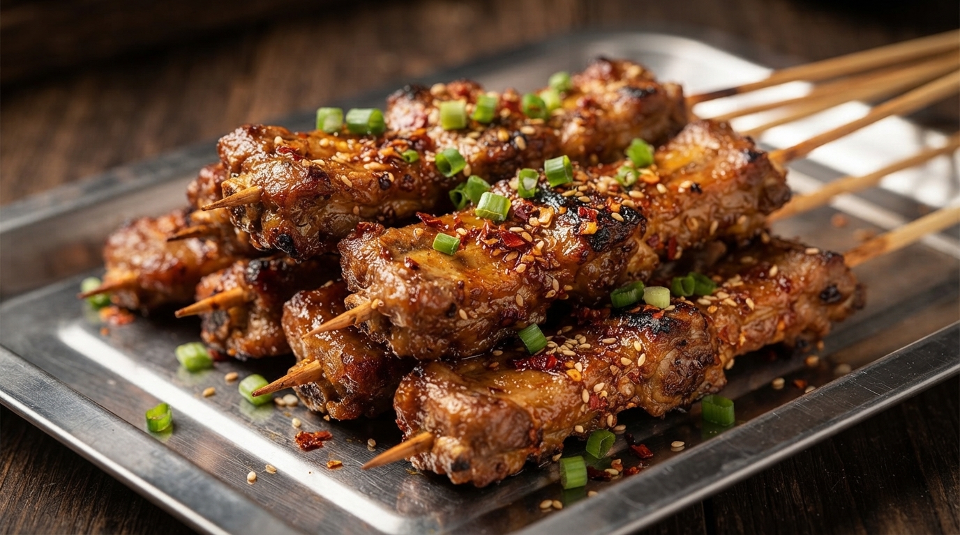 A close-up shot of freshly grilled pork ribs on wooden skewers, garnished with chopped green onions, sesame seeds, and chili flakes.