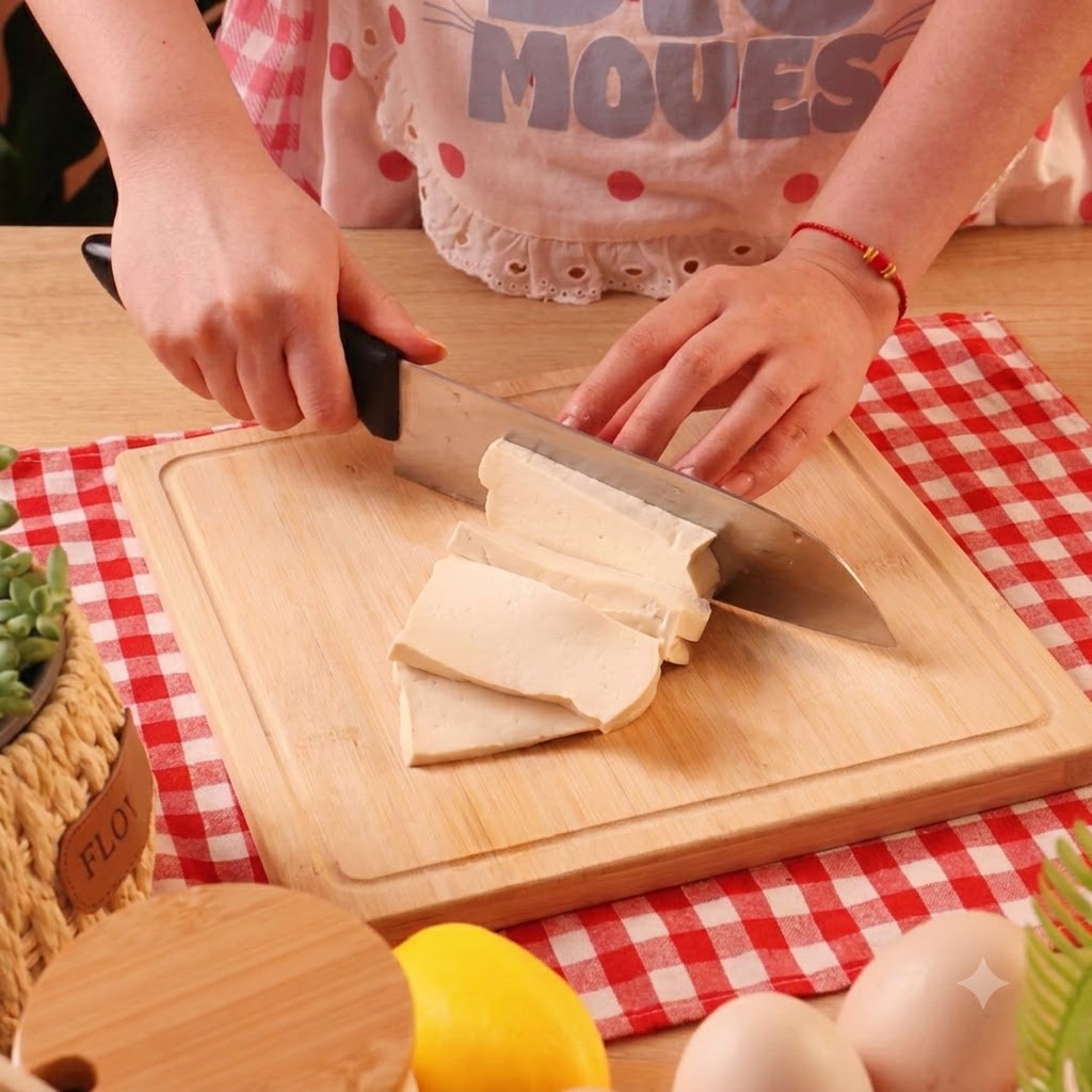 A block of tofu being cut into thick slices on a wooden cutting board with a chefs knife.