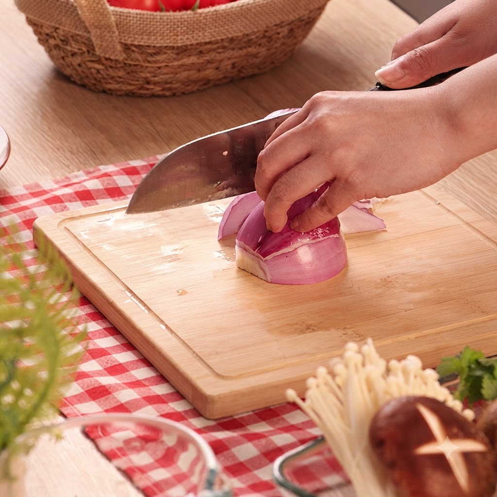 A red onion being sliced in half on a wooden cutting board with a knife.