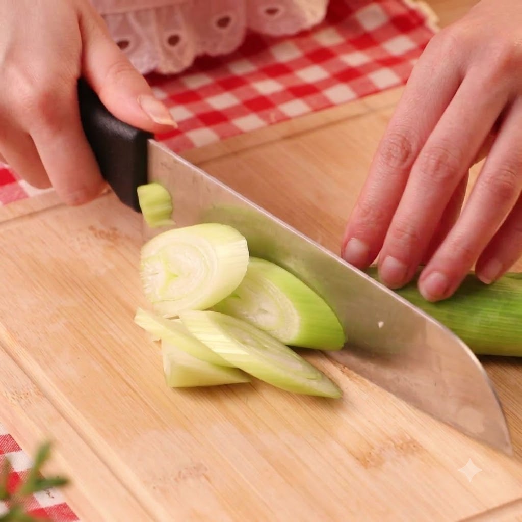 Green onions being sliced into rounds on a wooden cutting board.