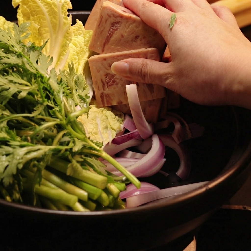 Slices of luncheon meat being placed inside the pot with vegetables.