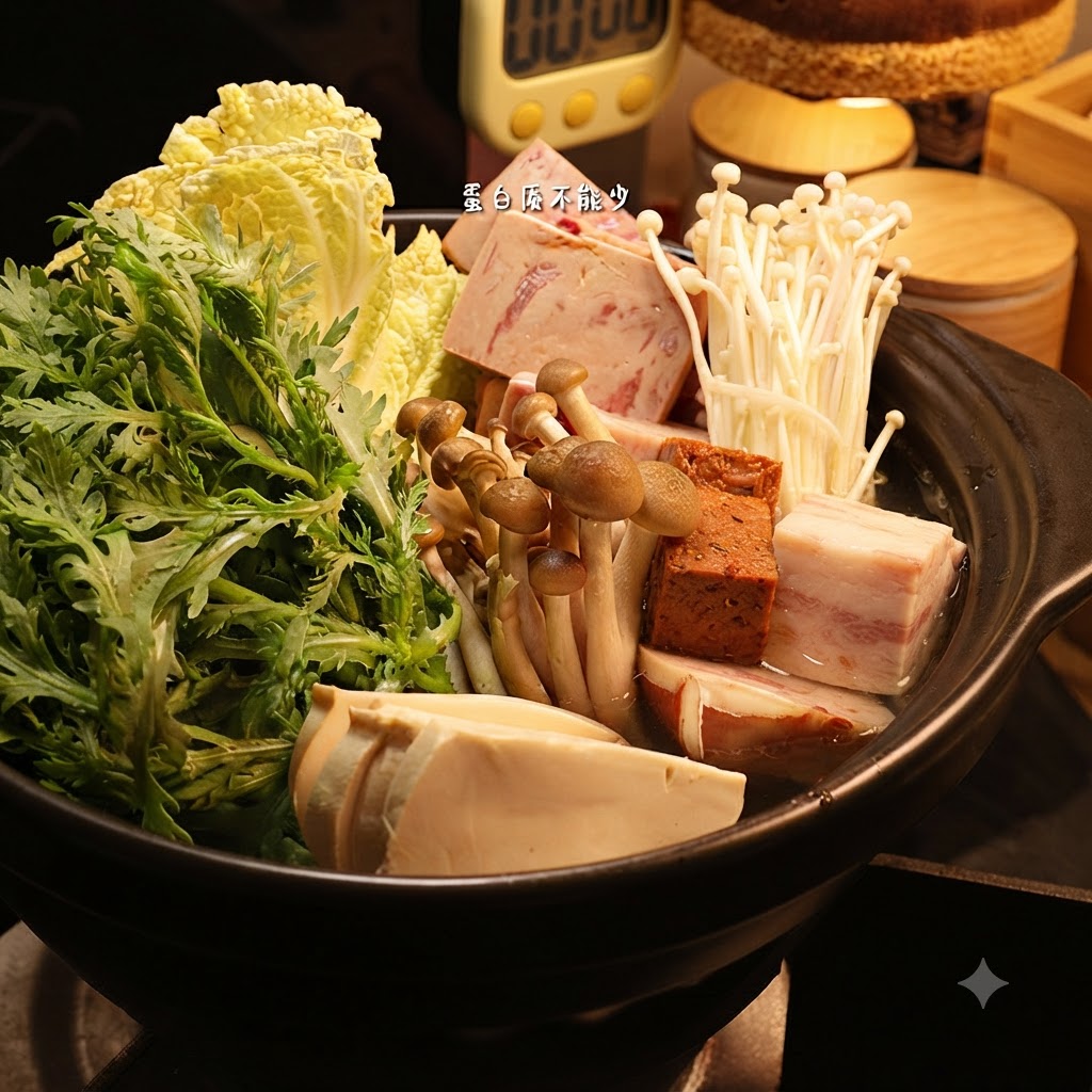 Sliced tofu being placed inside a dark ceramic hot pot filled with various vegetables and mushrooms.