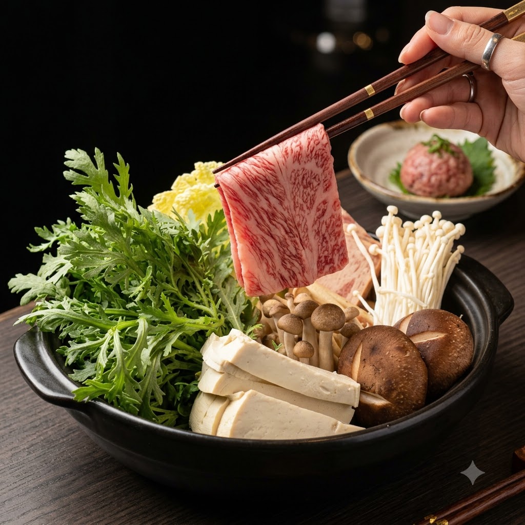 A pair of chopsticks holding a slice of marbled beef above the hot pot ingredients.