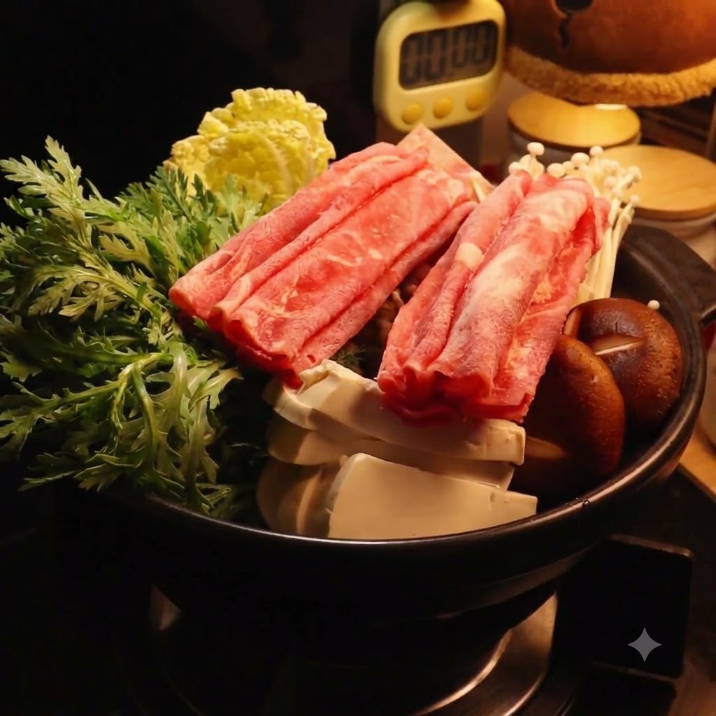 Freshly sliced green onions being sprinkled over the ingredients assembled in the pot.