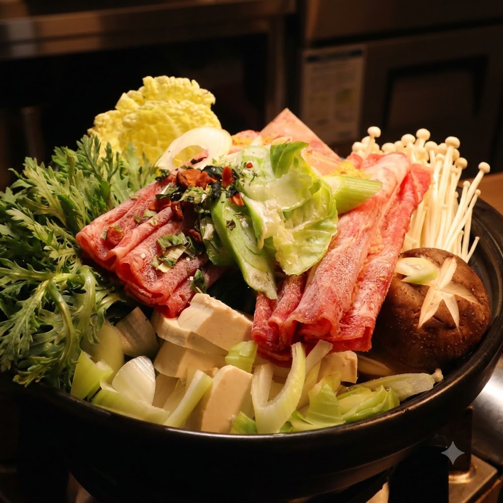 Red sauce mixture being poured over the vegetables and meat inside the cooking pot.