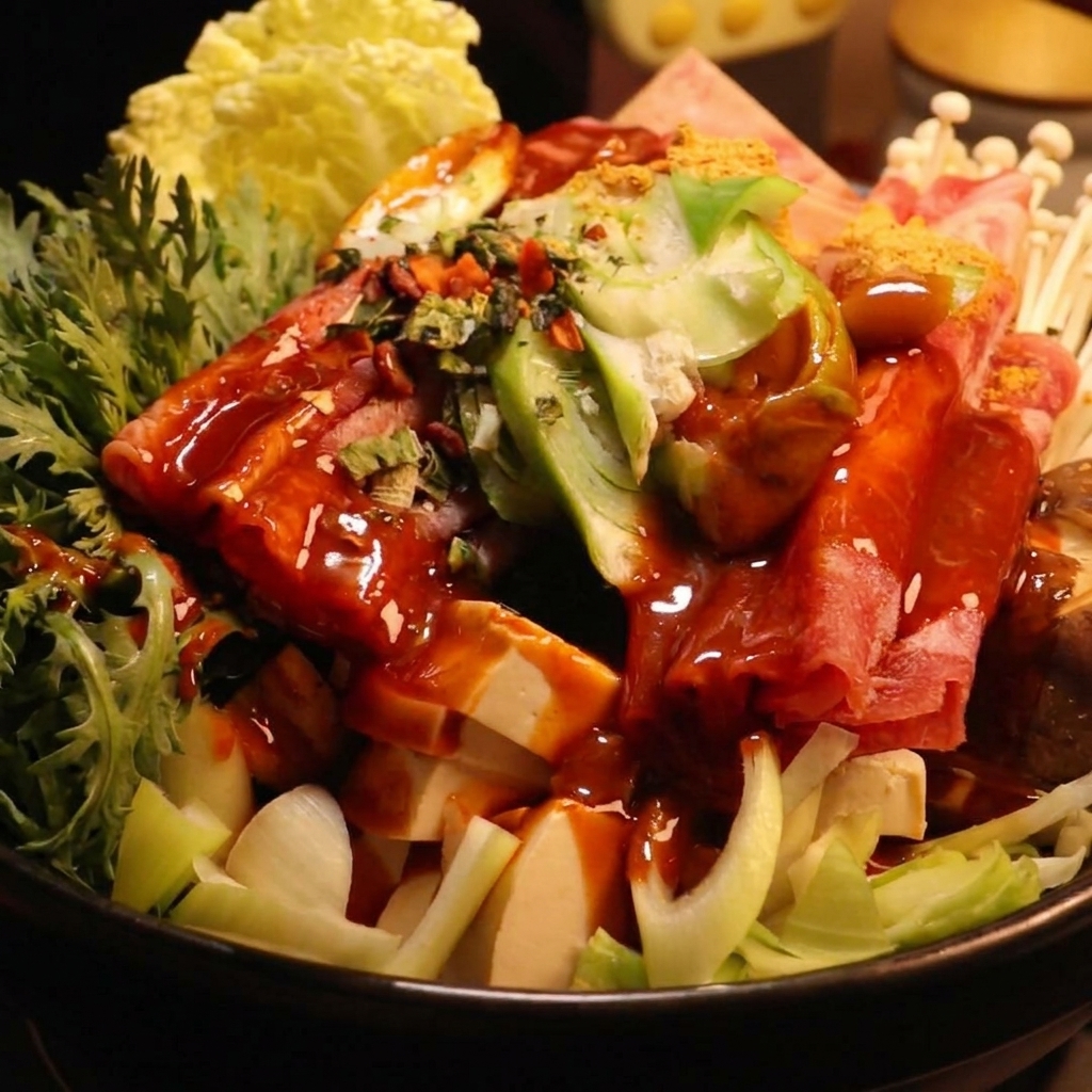 Hot water being poured into the ceramic pot containing the arranged ingredients and red sauce.