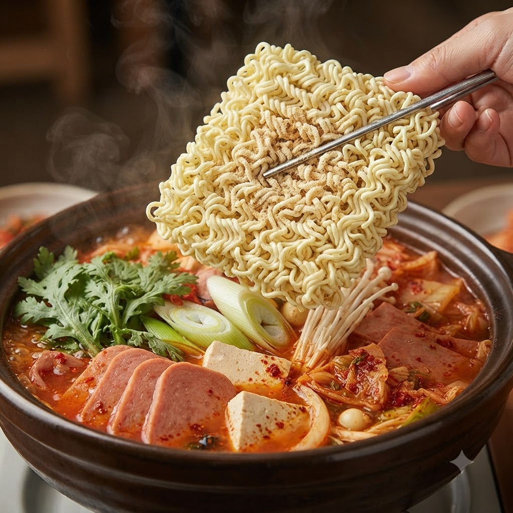 A block of instant ramen noodles being placed on top of a bubbling pot of army stew ingredients.