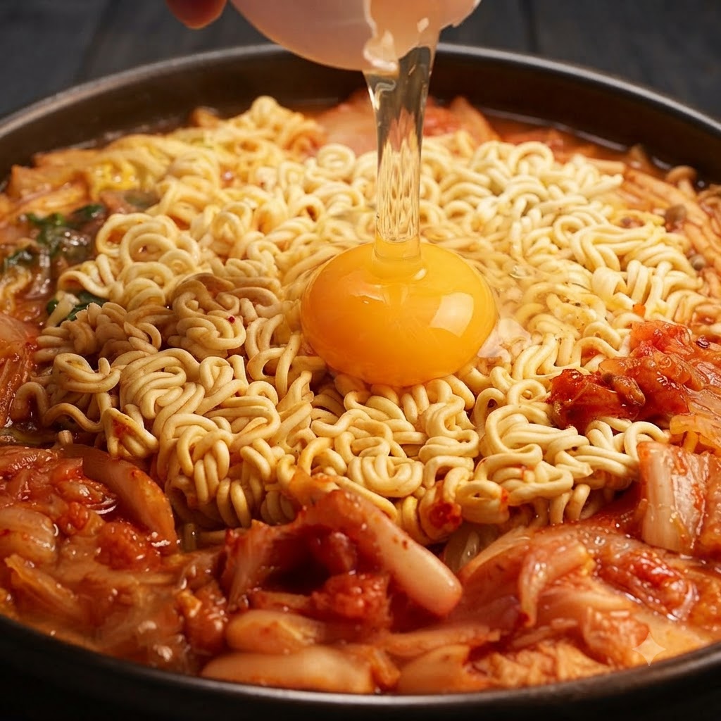 A raw egg being cracked open, with the yolk and white pouring directly onto the center of ramen noodles in a pot.