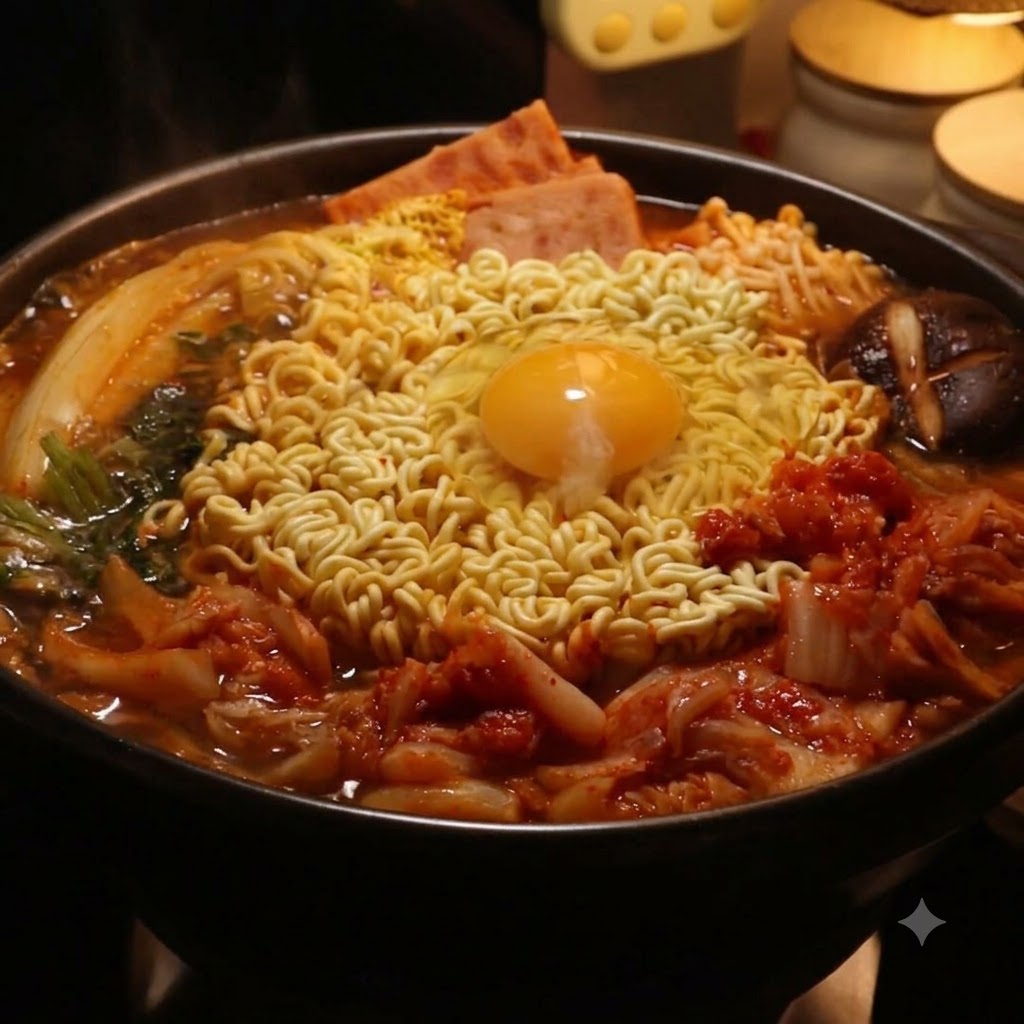 A pot of army stew with ramen and an egg being covered with a lid during the simmering process.