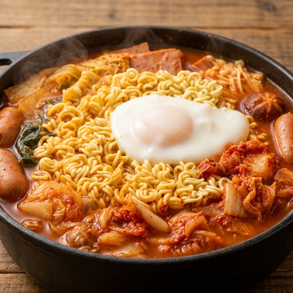 Black sesame seeds being sprinkled over a cooked egg resting on top of ramen noodles in a stew pot.