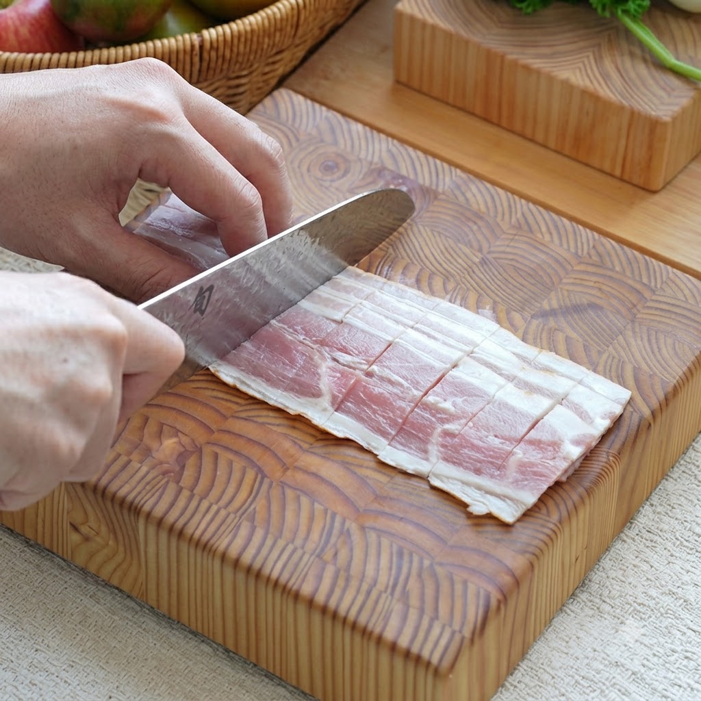 Bacon strips sliced into smaller segments with a knife on a wooden board.