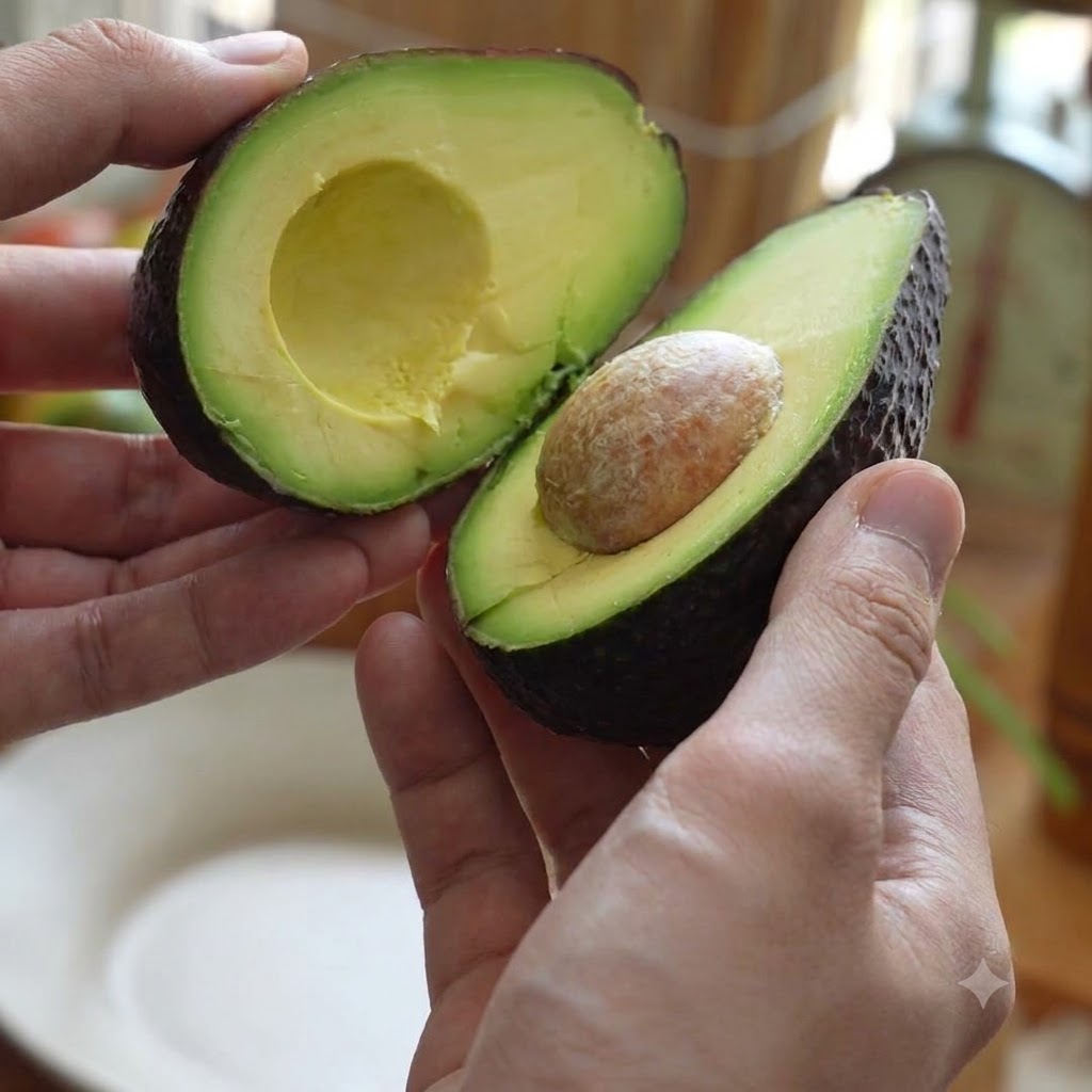 An avocado split in half revealing the pit, resting on a ceramic plate.