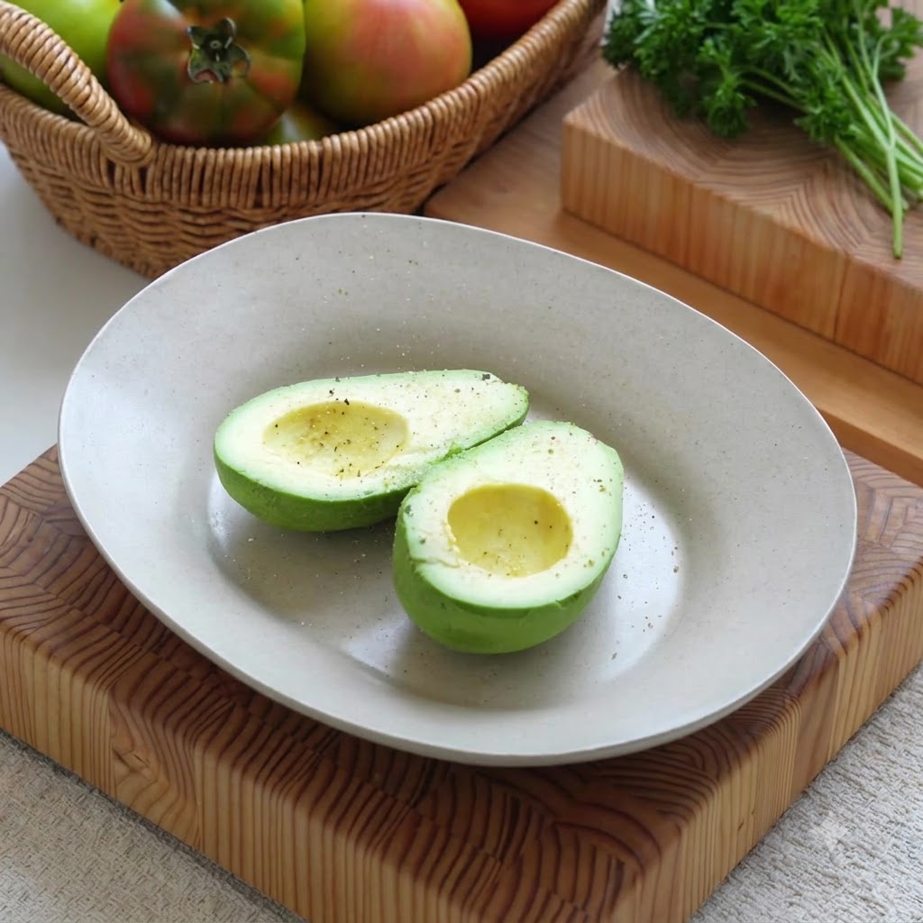 Avocado halves seasoned with salt, pepper, and lemon juice on a plate.
