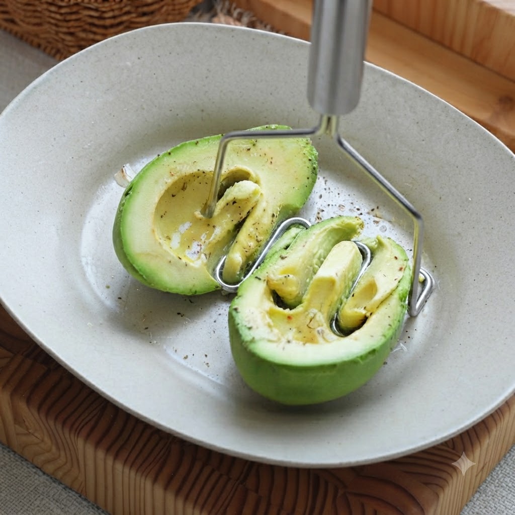 Avocado being mashed into a smooth green puree with a metal masher in a bowl.