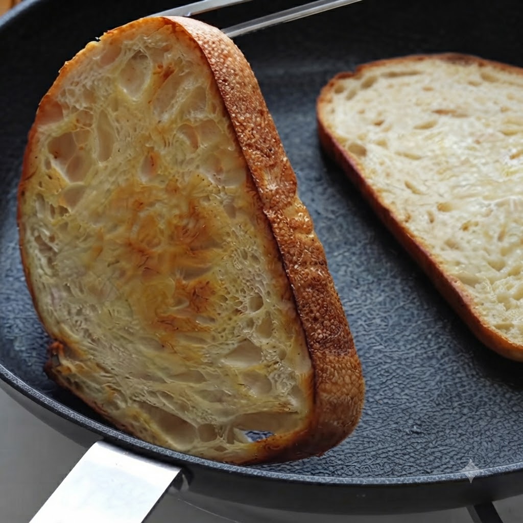 Sourdough bread slices frying in a pan being flipped with tongs until golden brown.