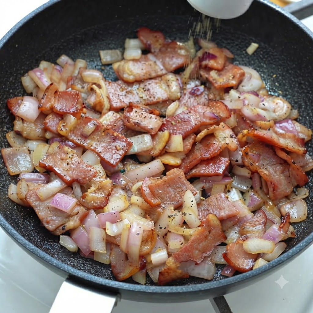 Black pepper being seasoned over sizzling bacon and onions in a frying pan.