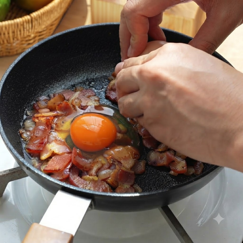 A pair of hands cracking an egg directly into the pan with bacon and onions.