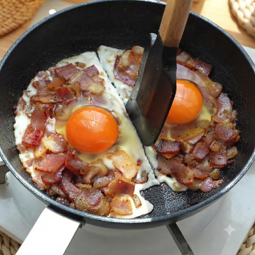 A spatula dividing the two cooking eggs and bacon portions down the center of the pan.