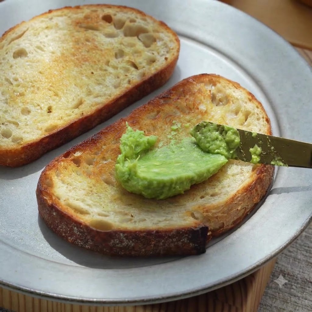 Green avocado puree being evenly spread onto toasted sourdough bread using a butter knife.