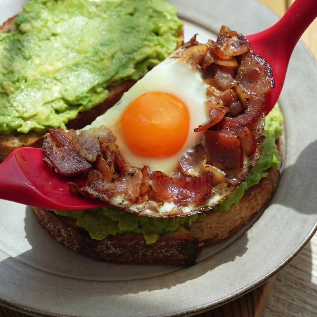 A red spatula lifting a cooked section of fried bacon and egg to place it onto avocado toast.