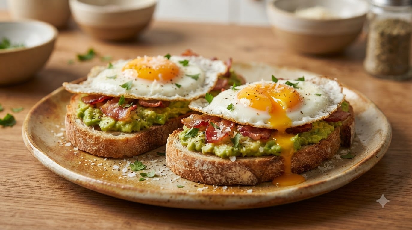 Two avocado and bacon fried egg sandwiches on toasted sourdough, garnished with parmesan and fresh parsley.