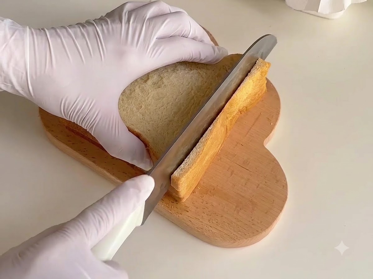 A knife slicing off the edges of stacked white bread on a wooden board.