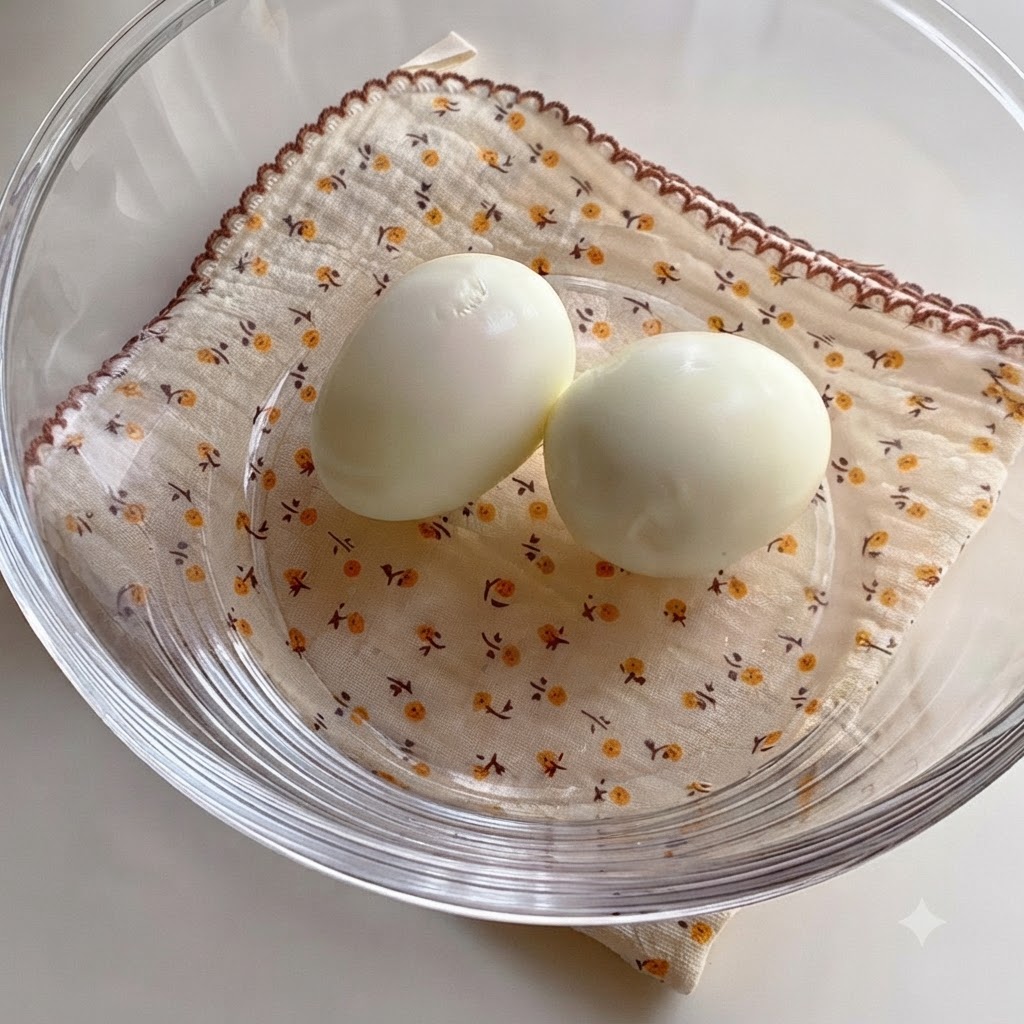 Two peeled hard-boiled eggs sitting in a glass bowl, sprinkled with black pepper.