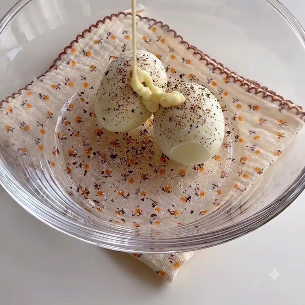 Mayonnaise being squeezed from a tube onto seasoned hard-boiled eggs in a bowl.