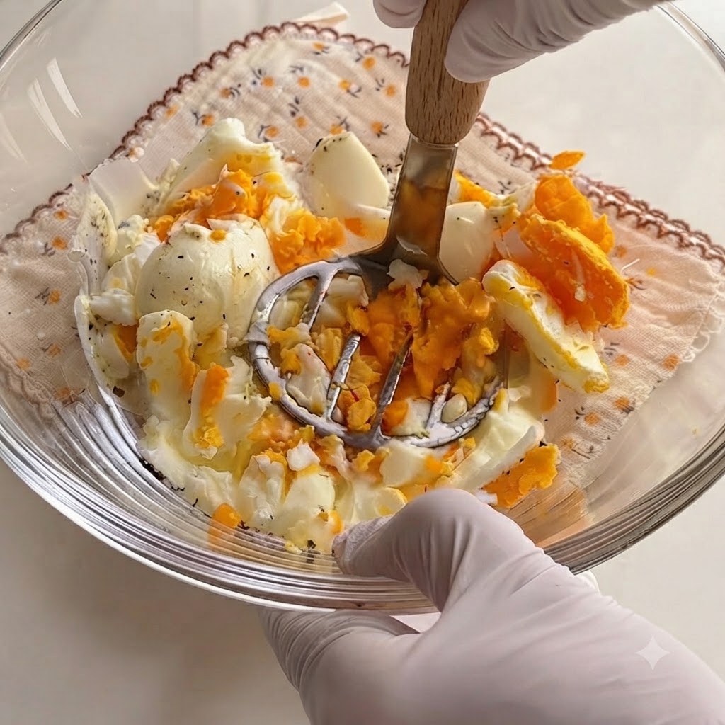 A metal hand masher breaking down hard-boiled eggs and mayonnaise in a glass bowl.