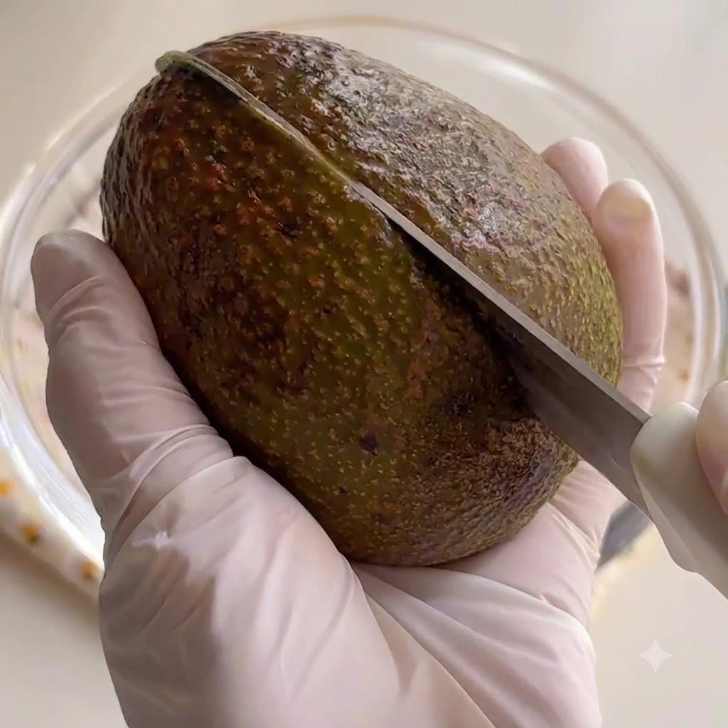 A knife cutting through the center of a whole avocado held in gloved hands.