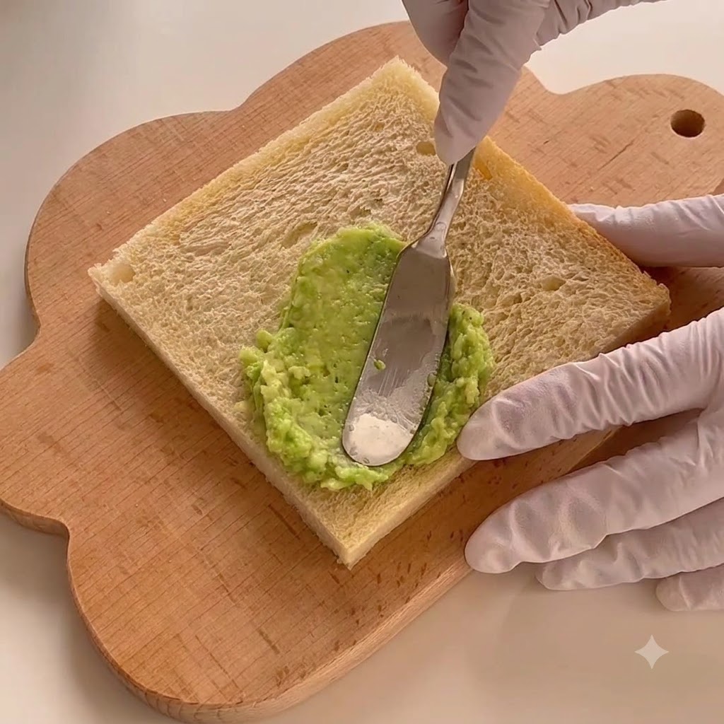 Vibrant green avocado mash being spread evenly across a single slice of white bread on a wooden board.