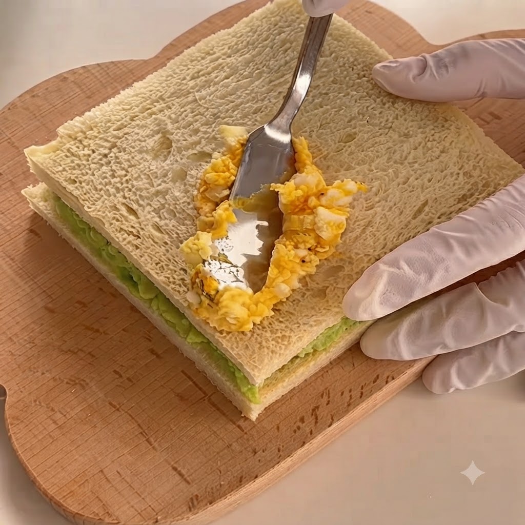 Prepared egg salad being spread onto the second slice of bread using a knife.