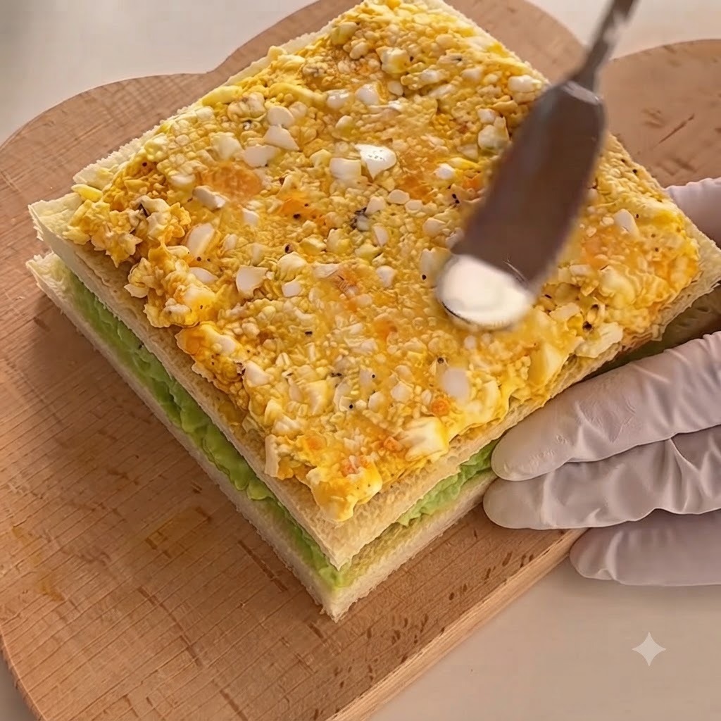 A third slice of white bread placed on top of the egg salad layer to finish the sandwich stack.