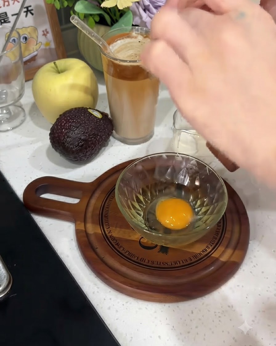 A raw egg being cracked open and dropped into a small clear glass bowl on a wooden board.